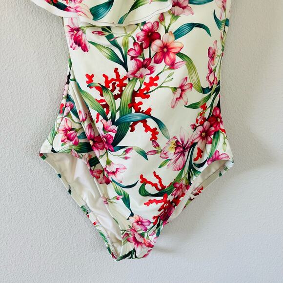 Carmen Marc Valvo Floral Ruffle One Shoulder One Piece Swimsuit (10) - Picture 2 of 10